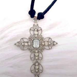 Cross Silver Rhinestone Crystal Filligree Black Choker Lariat Necklace